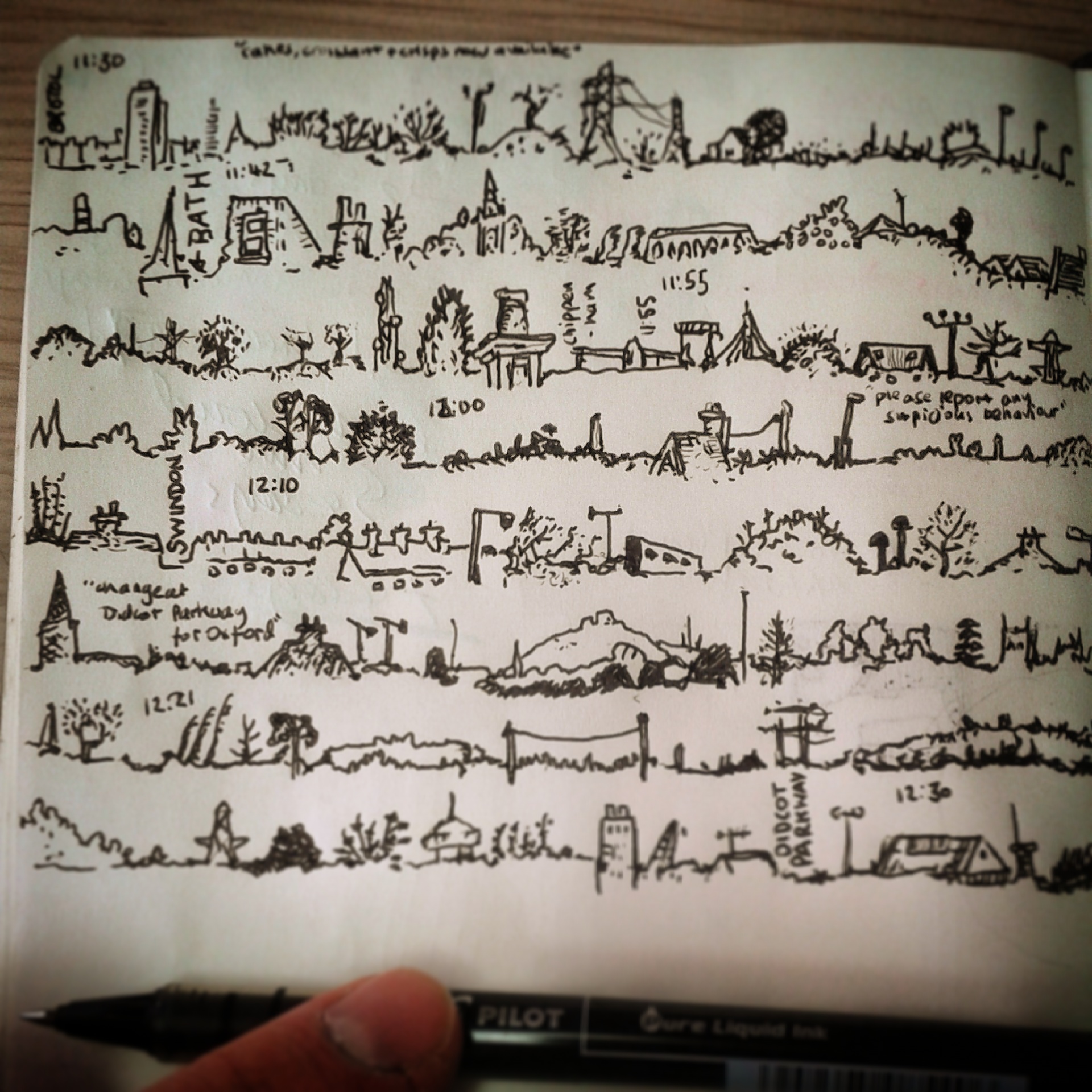 70/365 Various horizon lines drawn from the window of the 11:30 to London Paddington. Going through Bath Spa, Chippenham, Swindon, Didcot Parkway. V-ball. Notebook: Ethel. https://instagram.com/p/tC5i5kHy-A/