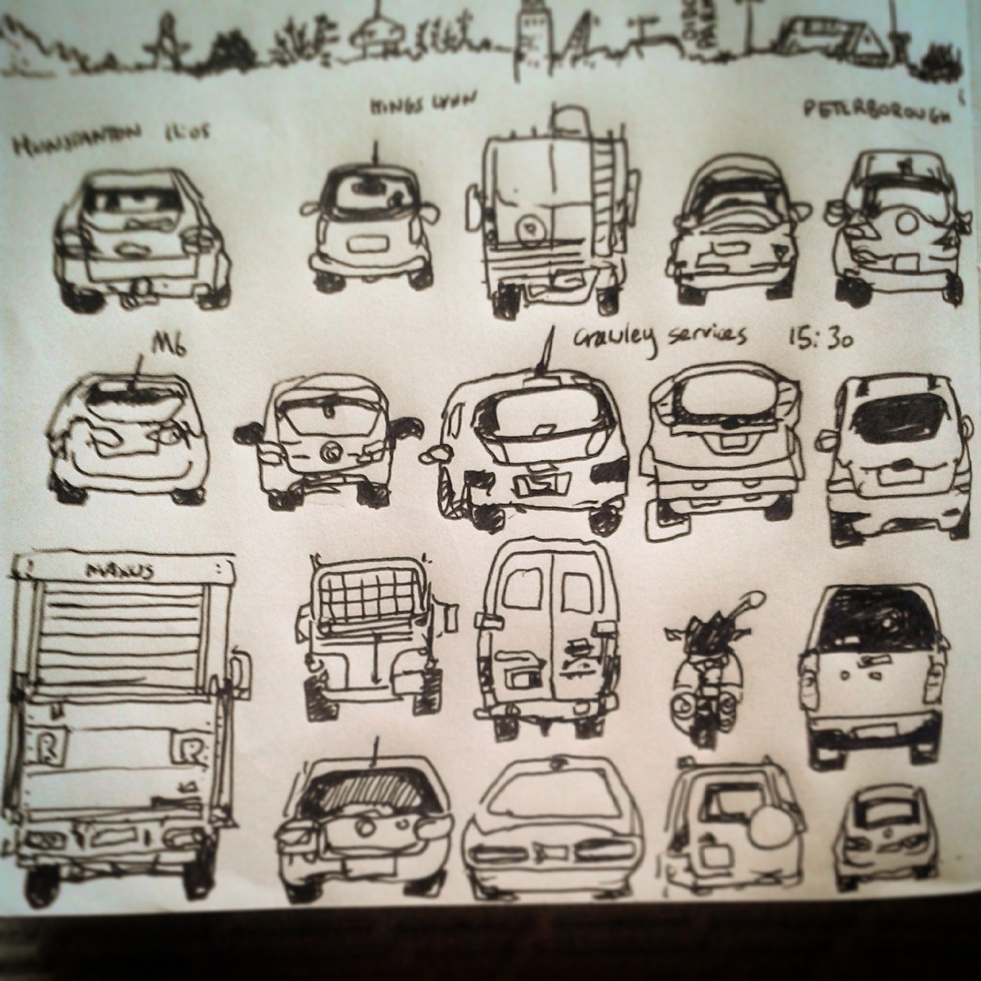 71/365 Back-ends of various vehicles drawn during mildly epic road trip (when stationary and when it was safe to do so, obv) from Hunstanton through Peterborough, A47, M6, M5 etc. 7 hours journey time in total. See images of both #east and #west seas (taken on same day) earlier in this feed. V-ball. Notebook: Ethel. https://instagram.com/p/tGGy09Hy_9/