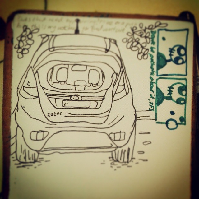 2/365. Drawn straight to ink in homemade pocket book (message me for instructions) whilst waiting in car park for delivery of supplies for twin 10 year birthday Sunday afternoon pizza blow out. Two panel doodle comic comes free of charge. http://instagram.com/p/o_GhFTnyzM/