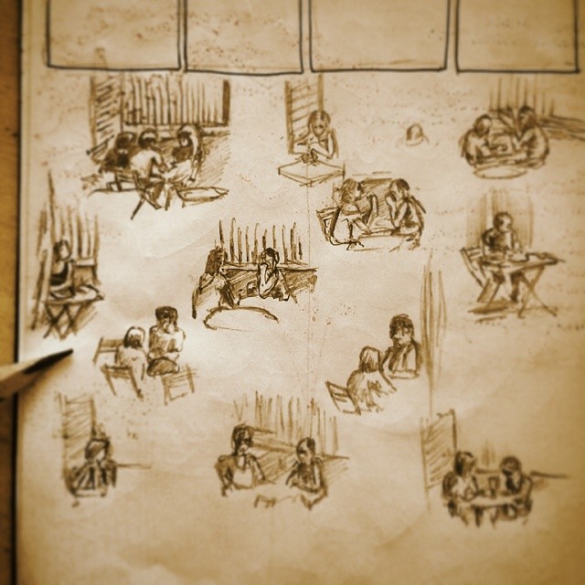 6/365. Varoius clientele sitting outside coffee shop on Whiteladies Road. Drawn during lunch break. Pencil. http://instagram.com/p/pJbZs9ny4H/