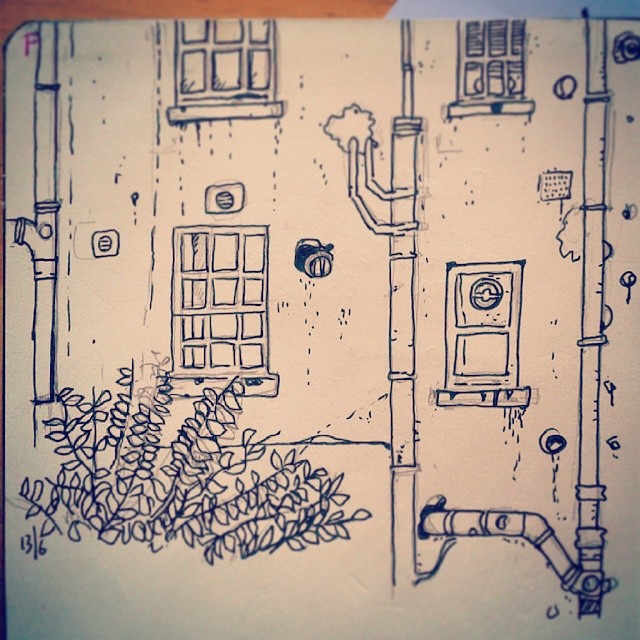 7/365. Windows and soil pipes. Pilot Vball on paper. Looking out window whilst upgrading PC render node and listening to Mex v Cam. http://instagram.com/p/pMXhDVny8r/