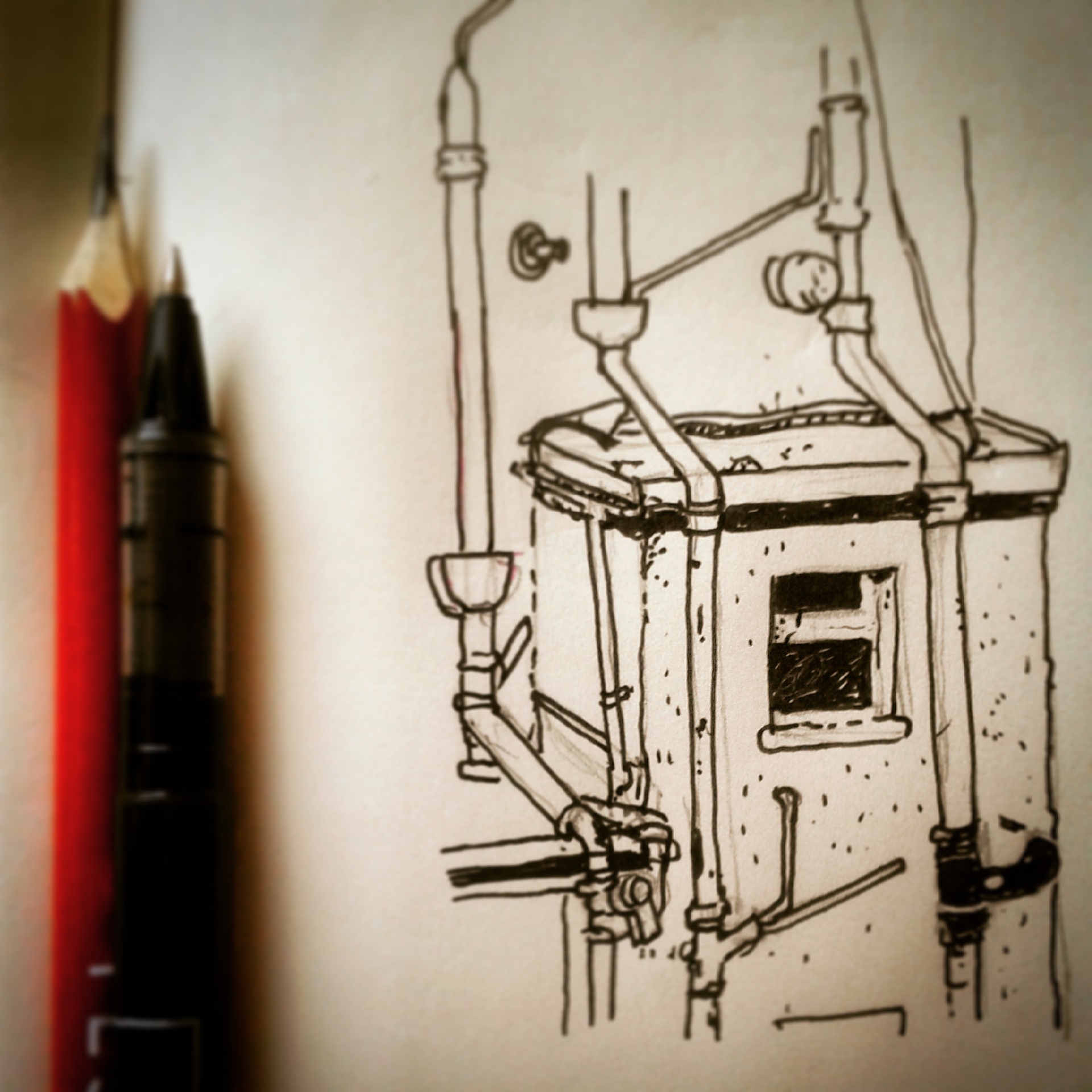 77/365 View out of and during a quiet window at lunchtime. First one I have managed since the bereavement, so I am just going to pick up where I left off with the numbering and carry on. Bit rusty to say the least, it's incredible to think how confident and fluid you become with just a small bit of observational drawing every day. I can see this one growing out sideways like those others. Having a Kate Bush day in the office. Pencil and Pilot 0.5 V-ball. Notebook: Ethel. https://instagram.com/p/yZrGiXHy0o/