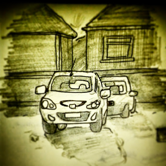 78/365 Cars, looking into the morning sun drawn yesterday morning waiting for Halfords to open after blowing a headlamp bulb. Yesterday was all about wheels turning, big new project beginning, new boiler actually working, technology happening. Pencil and V-ball. Notebook: Ethel https://instagram.com/p/yeGus4ny1F/