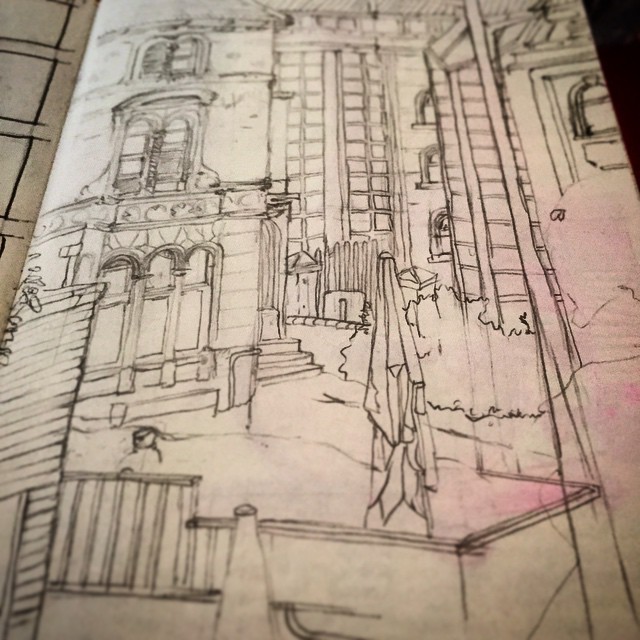 81/365 Bit more done to the long term project that is the view over the road. Previously featured as 23/365 and 12/365. Feeling good today. Drawing helps. I have started collecting these on a single page on my blog, go there (link in my bio), and click on 365 on the menu. Also there is a link to my Facebook page which I have just cranked into action again. These drawings will go there as well as anything else I might see fit. Look for the Facebook "F" on the sidebar if you like Facebook. Pencil. Notebook: Ethel https://instagram.com/p/26bTgYHyzY/