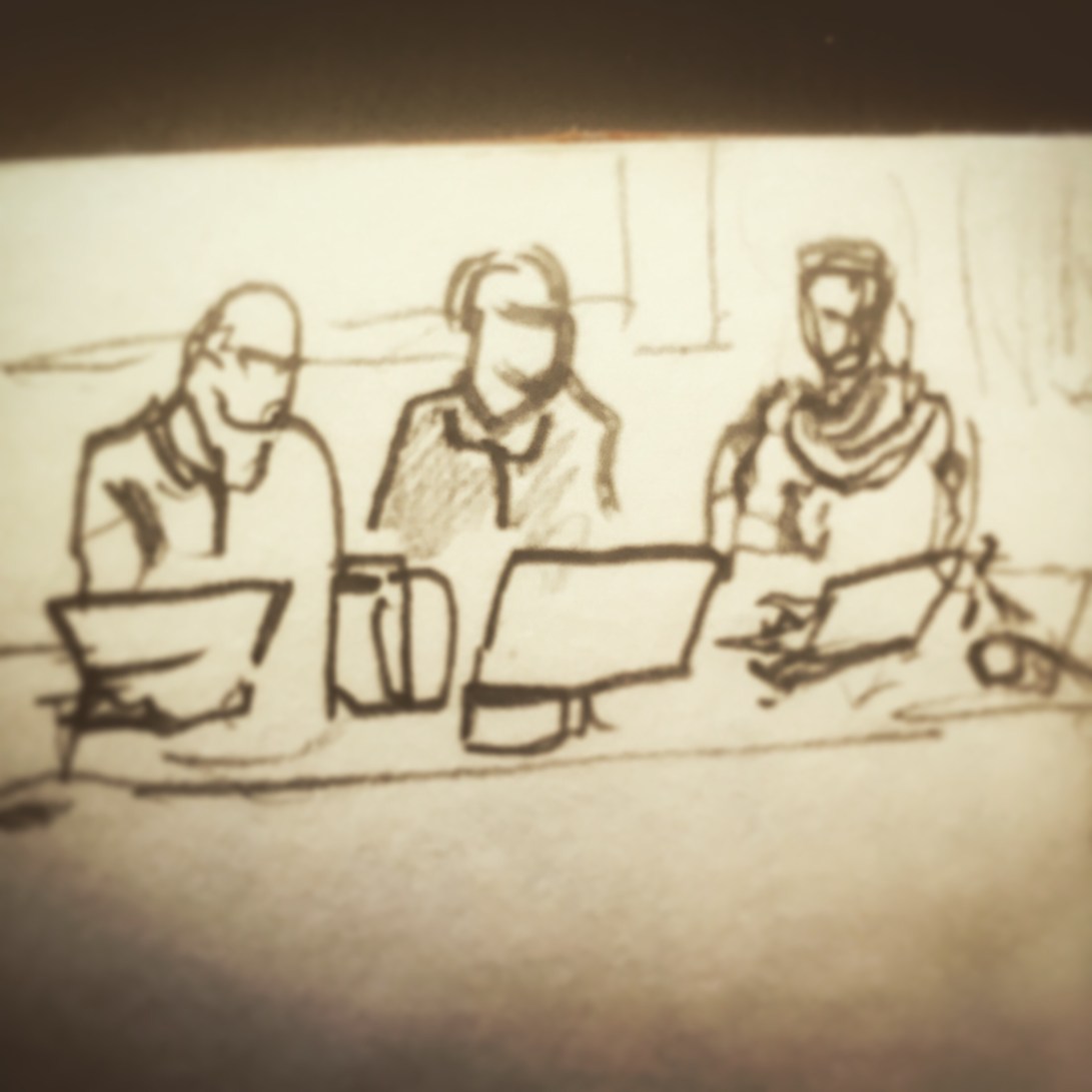 88/365 Throwback to last Thursday's #BDHunzipped event. That's Steve, John and Rob (the B, the D and the H respectively) on stage there, being asked questions about their twenty years since founding the company. I meant to do a series but I forgot my glasses so I basically drew this blind, then got lost in the endless spiral of a Rob's scarf. Pencil. Notebook: Artemis