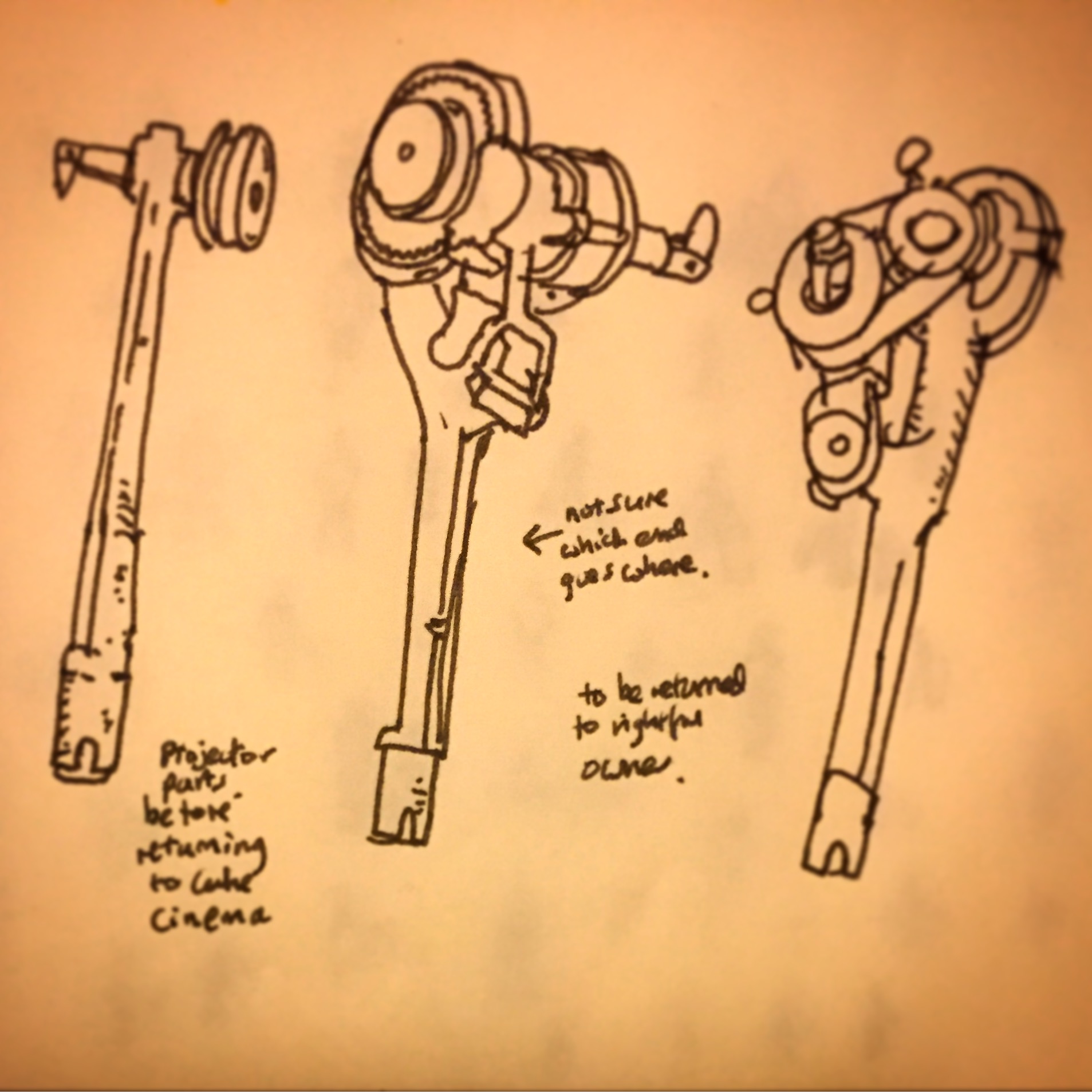 117/365 Recently rediscovered missing parts of a vintage 16mm projector, the rest of which was donated to a beloved local cinema some 14 years ago. I've been in touch and fingers crossed all the component parts will be reunited soon. Uniball. 10 mins Notebook: Ethel