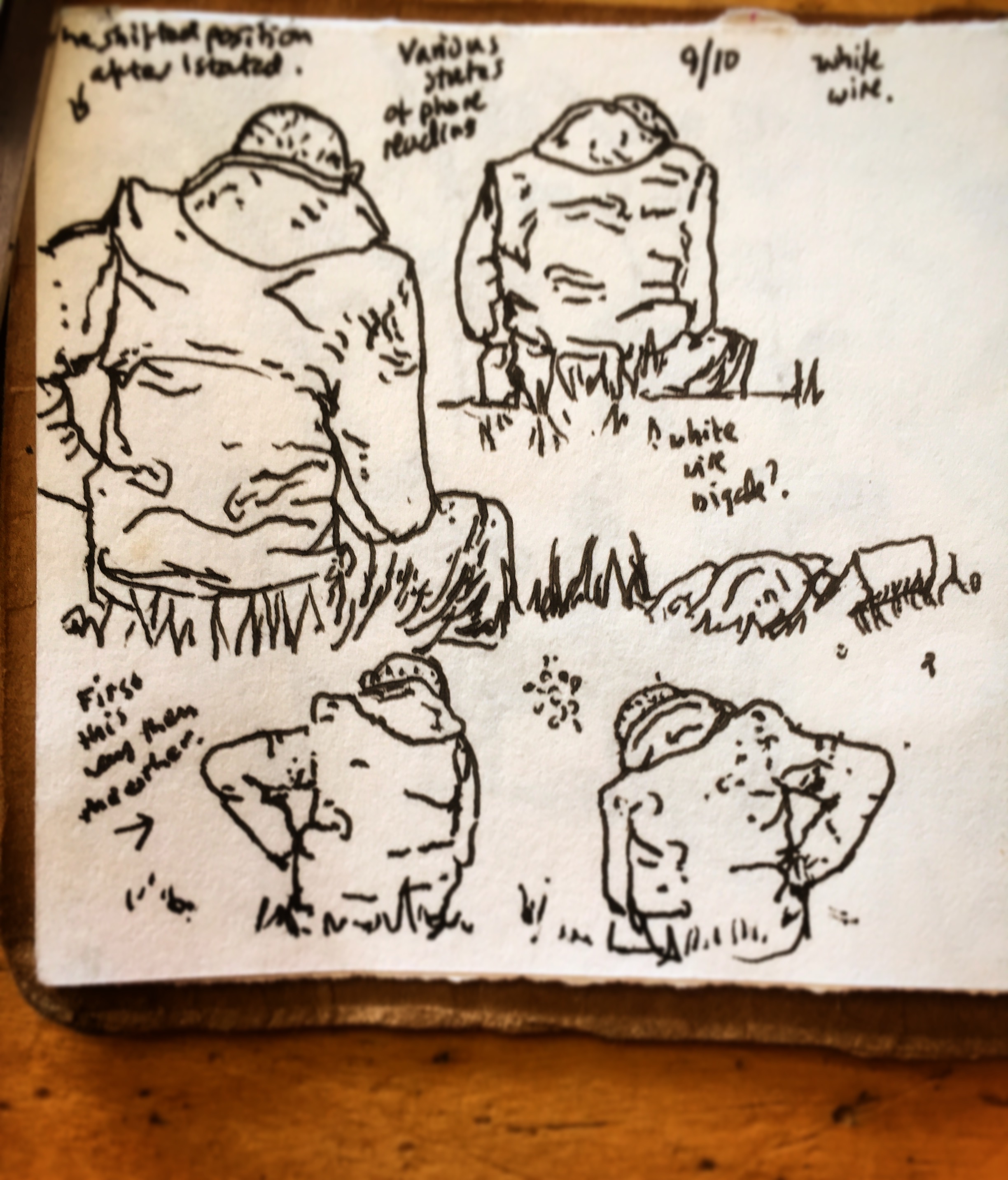 118/365 Lunchtime sequential drawing of a random member of the white wire brigade enjoying the Indian Summer in various states of smart phone reading. Uniball 10 mins Notebook: Artemis (homemade)