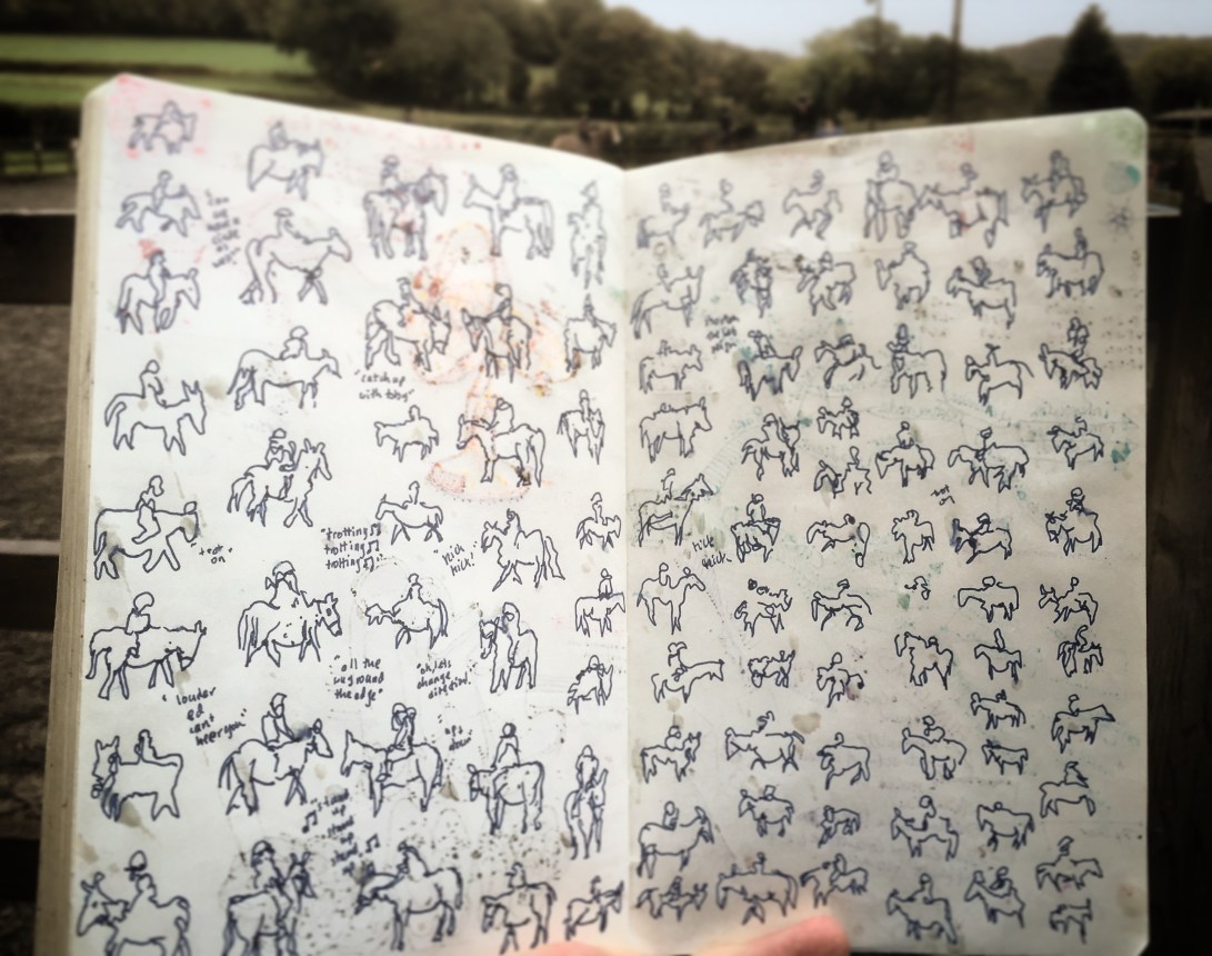 119/365Horses and riders at this weekend's lesson. Drawn without looking (no glasses). Tried to pick up the pace on the second page. Will try and Vine these as an animation when I get the chance. 45 mins Blue Stabilo point 88. Notebook: Ethel