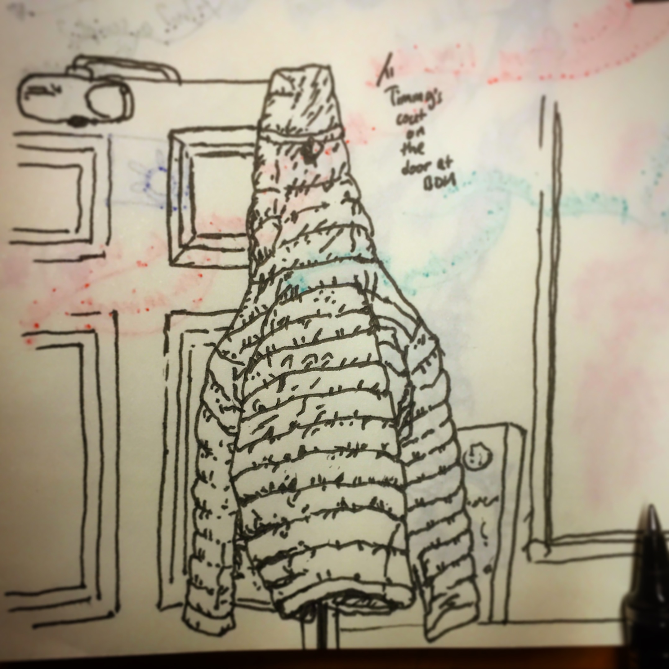 122/365 @mrtimmytimtim's coat hanging on the second floor door at BDH. Just tipped a third of the way through btw. Straight to Uniball. Notebook: Ethel Cumulatively about 15 mins.