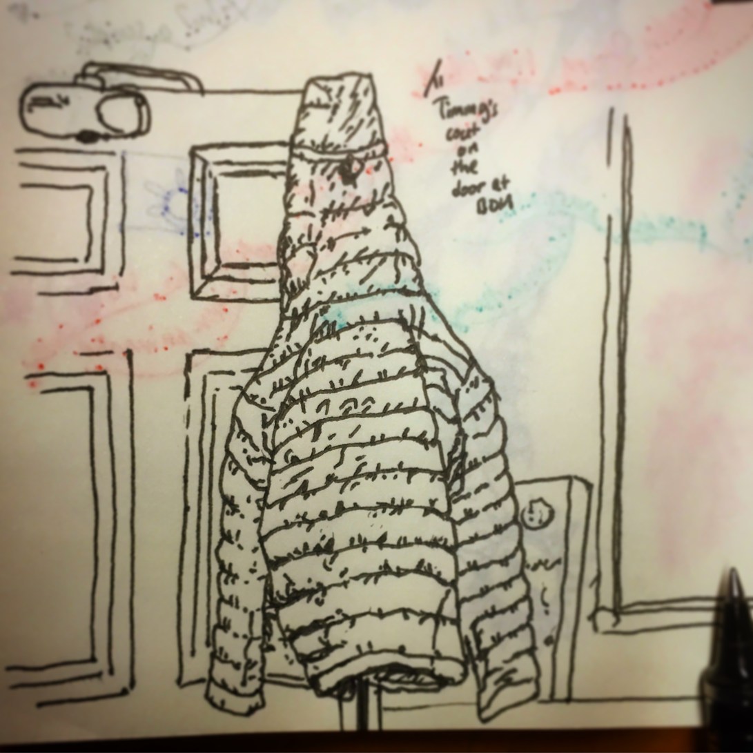 122/365 @mrtimmytimtim's coat hanging on the second floor door at BDH. Just tipped a third of the way through btw. Straight to Uniball. Notebook: Ethel Cumulatively about 15 mins.