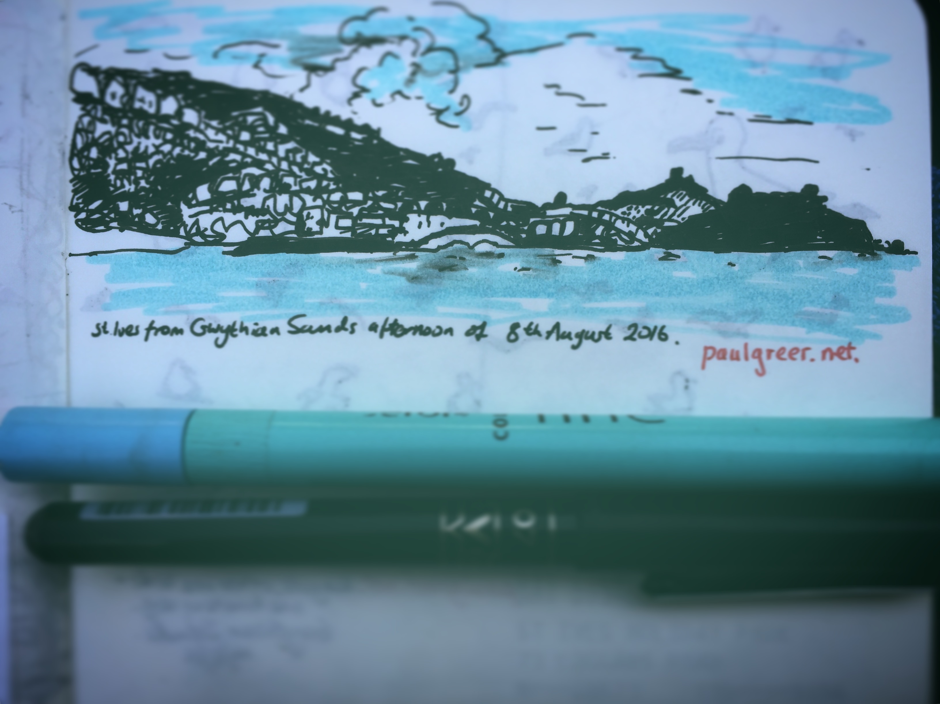 156/365 St. Ives from Gwithian Sands, on the afternoon of the 8th August 2016. Pilot V-ball and Berol Colour Fine. Notebook: Myrtle.