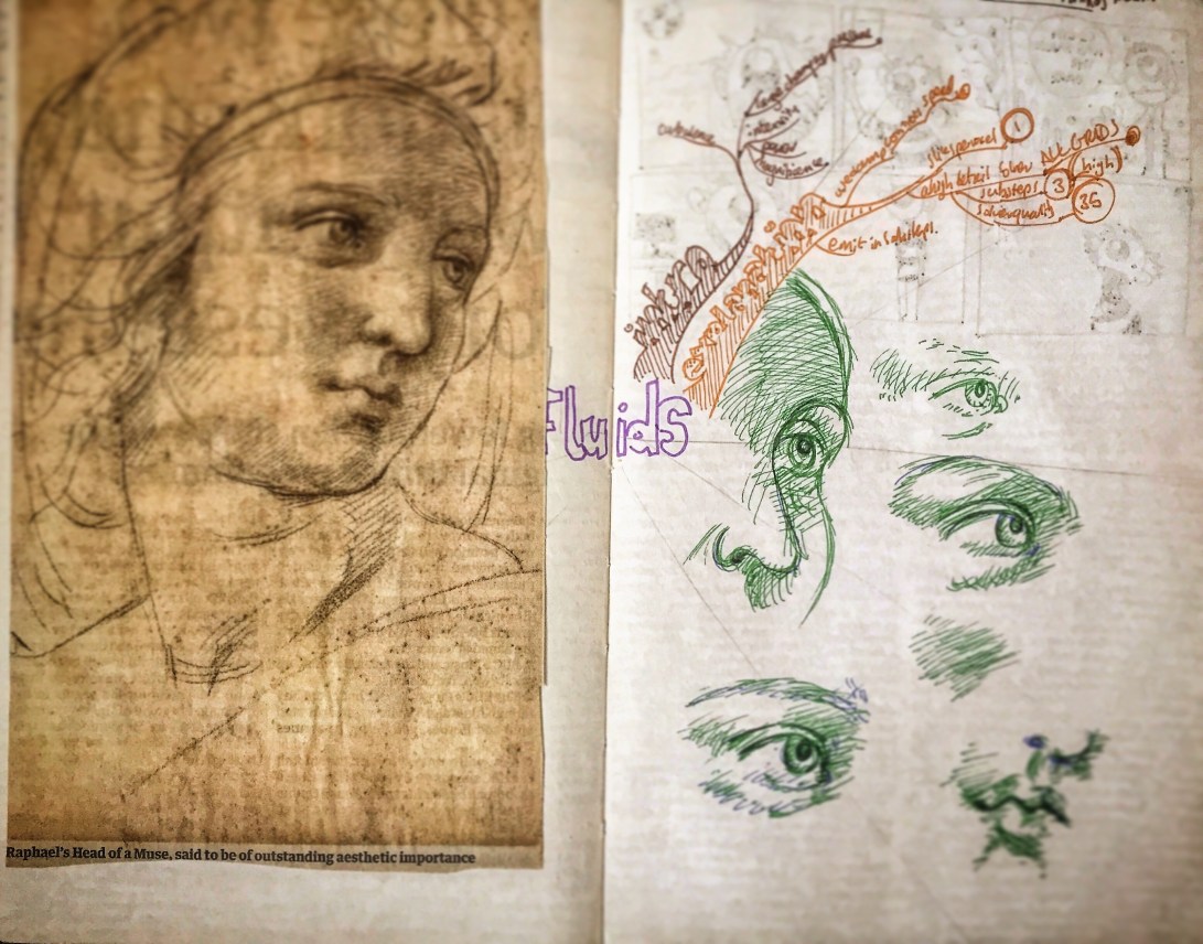 Notebook Ethel, Spread Eighteen. Newspaper clipping of Raphael’s Head of a Muse, some copying of that image and the beginnings of a mind map on fluid dynamics. 👁 📓 🗺 