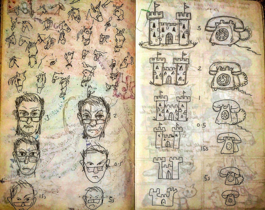 Notebook Ethel, Spread Twenty- Three. More horses, and my attempt at the Ivan Brunetti drawing exercise in his “Cartooning: Philosophy and Practice”, it goes: “Using your sketchbook and a pencil or pen of your choice, spend 3-4 minutes drawing a car. Then, start over and draw it in 2 minutes. Then 1 minute. Then 30 seconds. Then 15 seconds. And then 5 seconds. Draw faster at each step-that is, draw the entire car within the time limit. Repeat this same process for four other subjects: a cat, a castle, a telephone, and self-portrait.” ✍️📓 📞