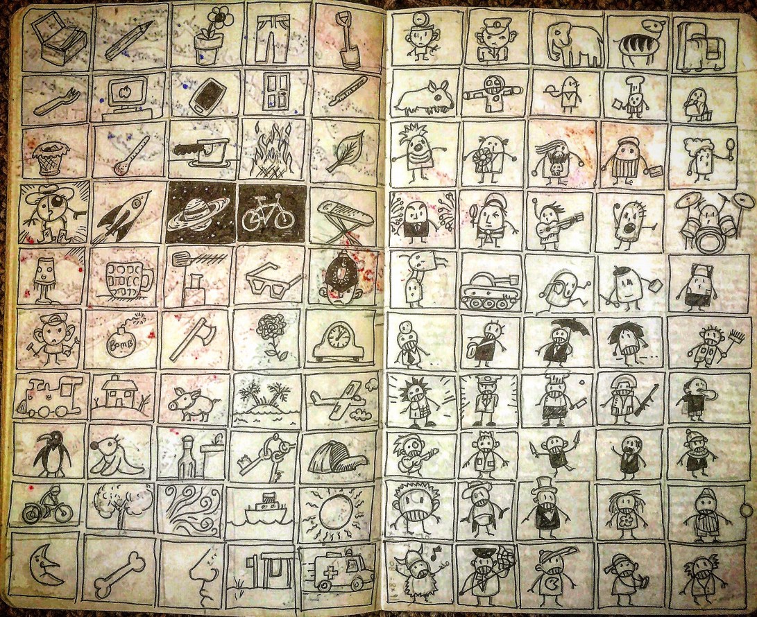 Notebook Ethel, Spread Twenty-Five. Another Ivan Brunetti exercise from “Cartooning: philosophy and practice”: “Pencil out a grid in your notebook, enough to contain 100 small drawings.now spending no more than 5 seconds per drawing, let your stream of consciousness guide you, drawing whatever comes to mind (don’t stop to think about it).” I went back and inked them after. 📓✍️🖼