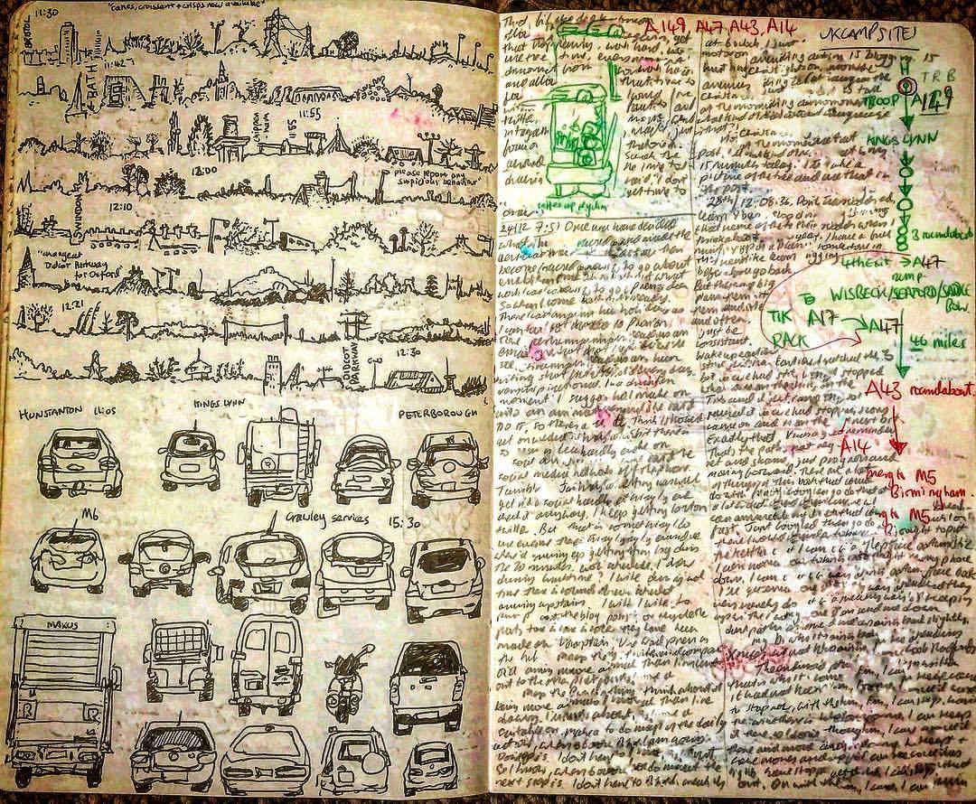 Notebook Ethel, Spread Twenty-One. Documenting a two day journey from the West to the East and back again (full story at #linkinbio). Drawing from the window of a train, cars in traffic, route plan and garbage writing. 🚗 ✍️ 🚂 