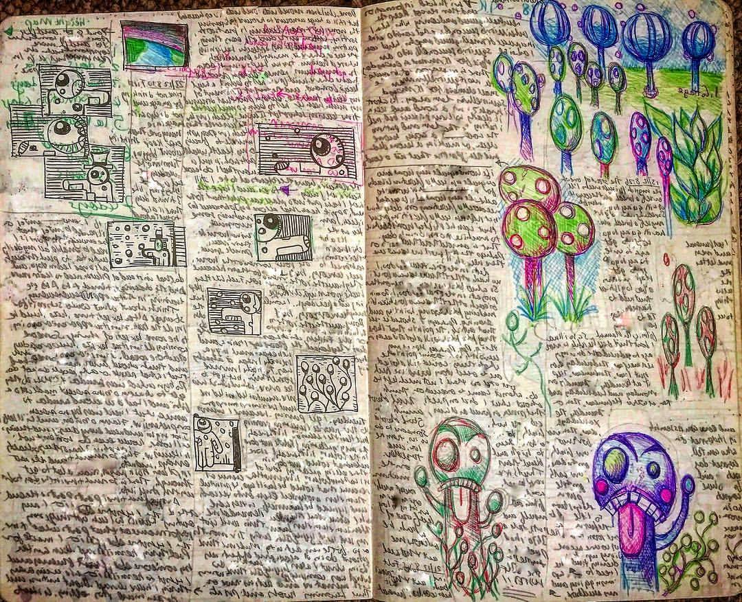 Notebook Ethel, Spread Twenty. Morning Pages writing exercise and drawing my comic book character Fudge (see more of him at #linkinbio). 🌳 👹 ✍️