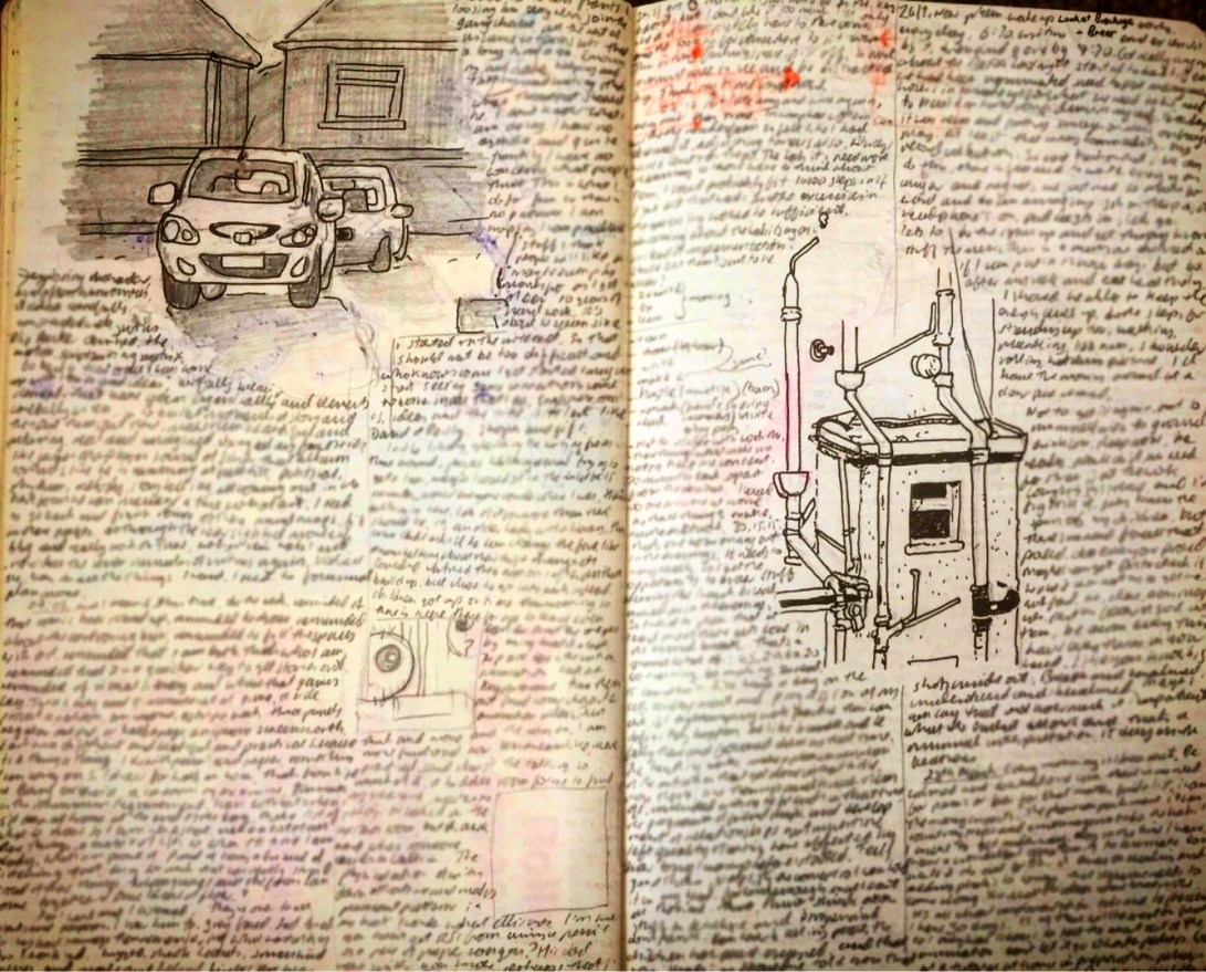 Notebook Ethel, Spread twenty-nine. Garbage writing, cars in car parks and the view from the rear window at South Parade. 🚗 ✍️ 📓