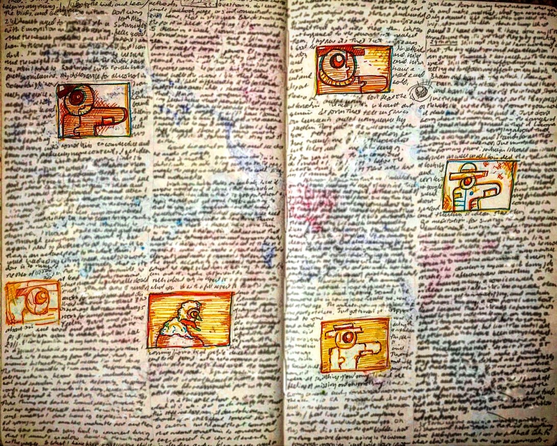 Notebook Ethel, Spread Thirty. Garbage writing, unfinished Fudge story with thumb nail illustrations. ✍️🖼💀