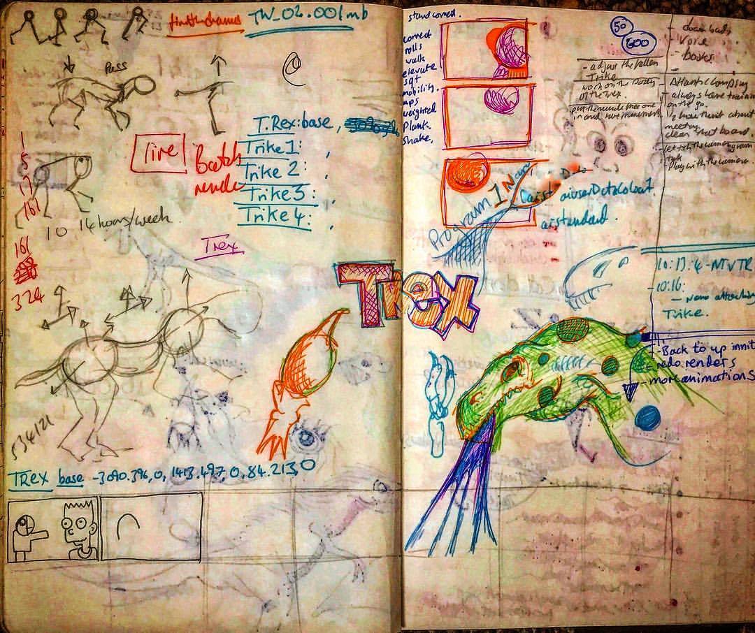 Notebook Ethel, Spread Thirty-Four. More workings for “Dino Death Match”, render planning, lists, visualisations etc. 📓 🦖 ✍️